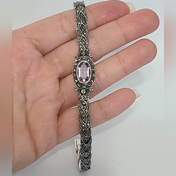 Vintage Art Deco Sterling Silver Purple Amethyst Marcasite Crystal Bracelet - Picture 12 of 15